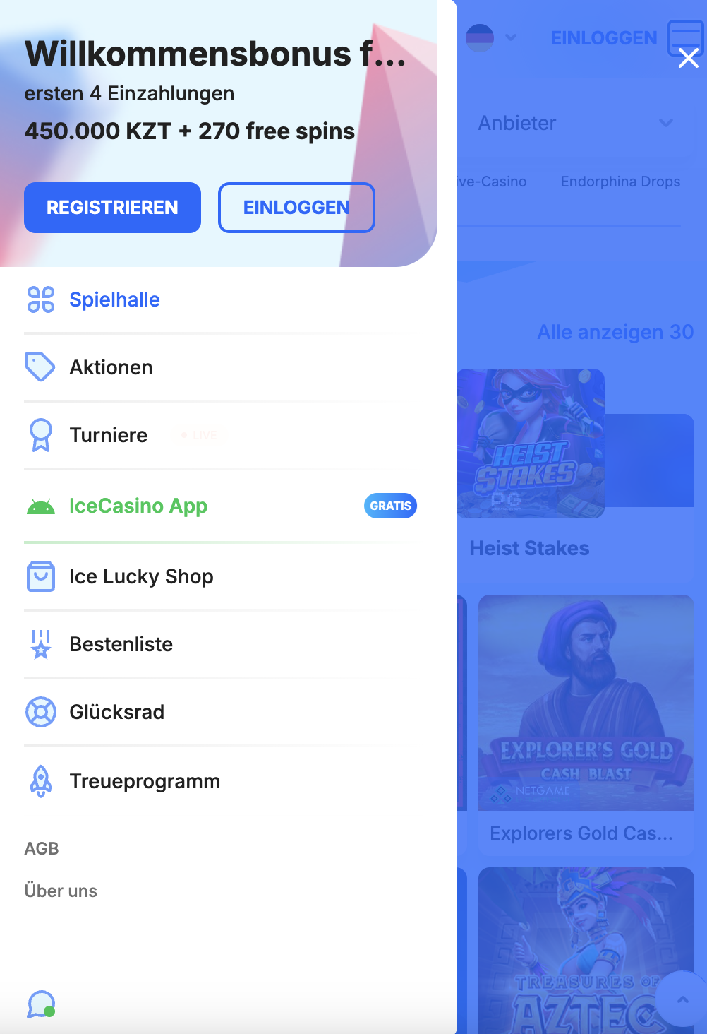 Ice Casino Mobilmenü